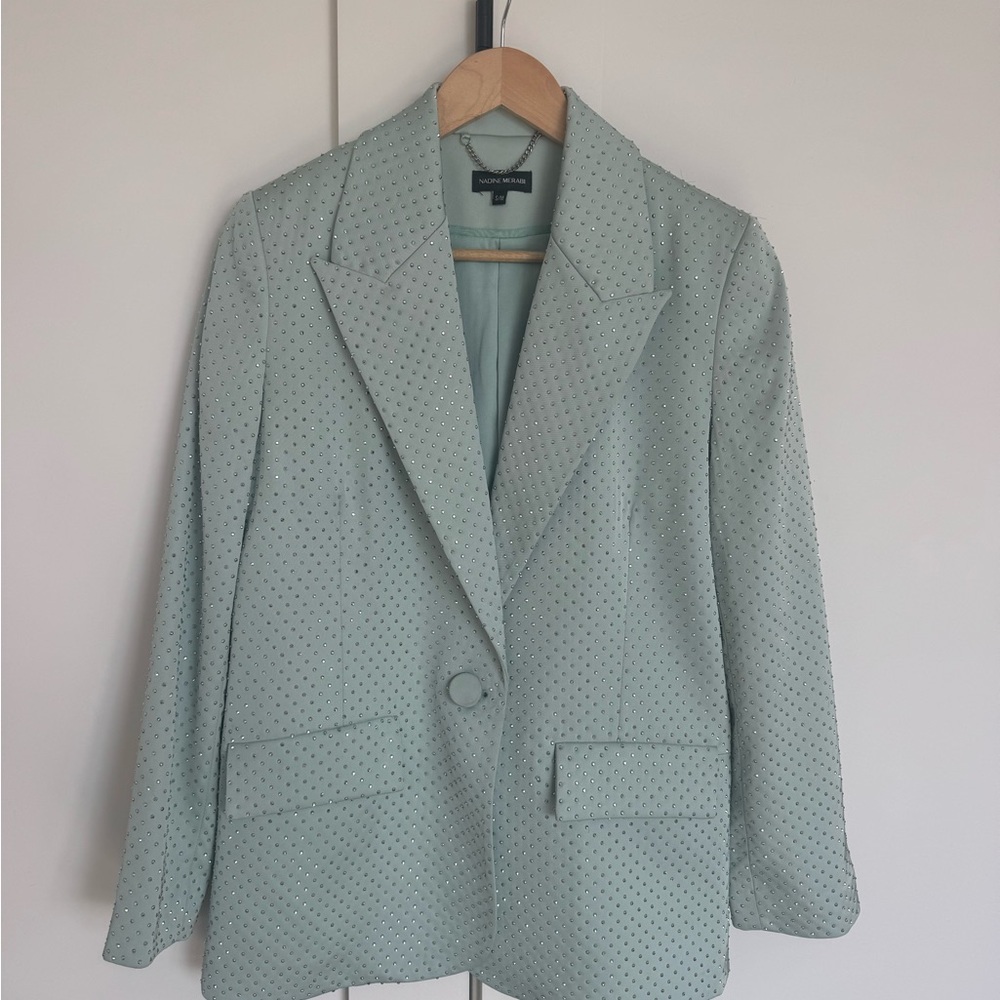 Nadine Merabi Crystal Blazer & Shorts Set | Pale Green | XS–S/M